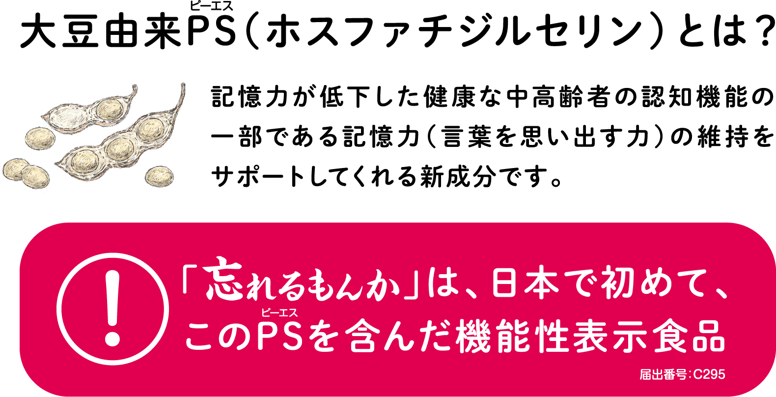 大豆由来PS(ホスファチジルセリン)とは？ 記憶力が低下した健康な中高齢者の認知機能の一部である記憶力(言葉を思い出す力)の維持をサポートしてくれる新成分です。 「忘れるもんか」は、日本で初めて、このPS(ホスファチジルセリン)を含んだ機能性表示食品 届出番号:C295